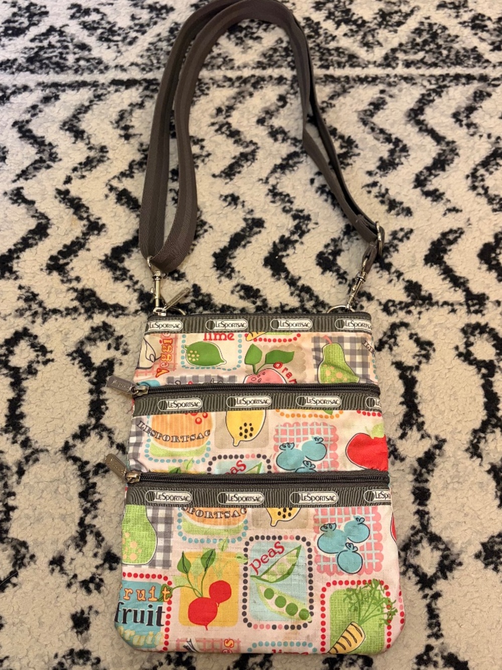 LeSportsac Fruit/ Veggie Farmers Market Three Zipper Crossbody Bag Purse Retired